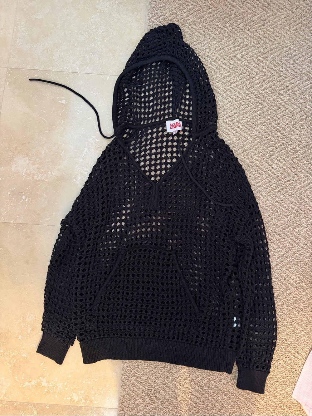 Black Crochet Hooded Pullover